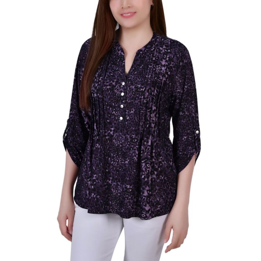 NY Collection Petite Pintuck Roll Tab Sleeve Top